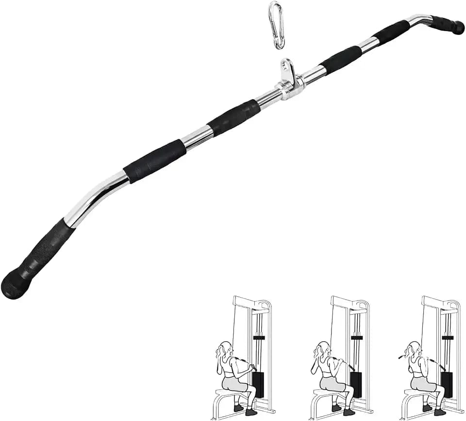 47in LAT Pulldown Bar Attachment with Heavy Duty Solid Curl Bar, Full Rotation and Rubber Handle Strength Workout for Gym Home Pulley System Cable Attachments