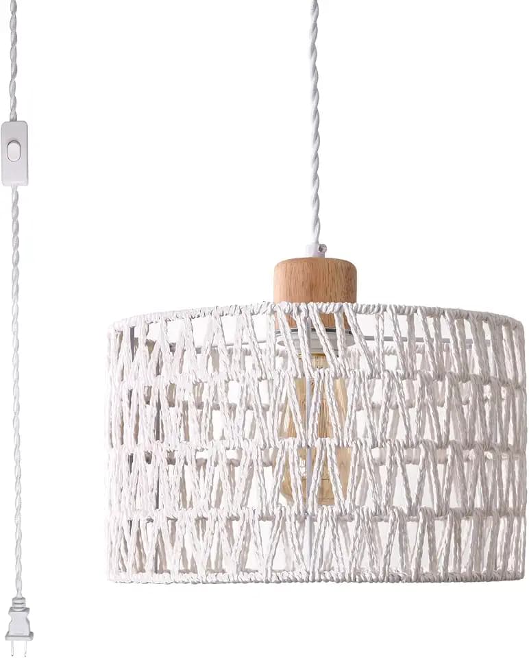 Plug in Pendant Light with Hand Woven Rattan Lampshade, Hanging Lamp with 15 FT Rope Cord On/Off Switch, Boho Pendant Light Fixture for Living Room Bedroom Kitchen Island Dinning Table