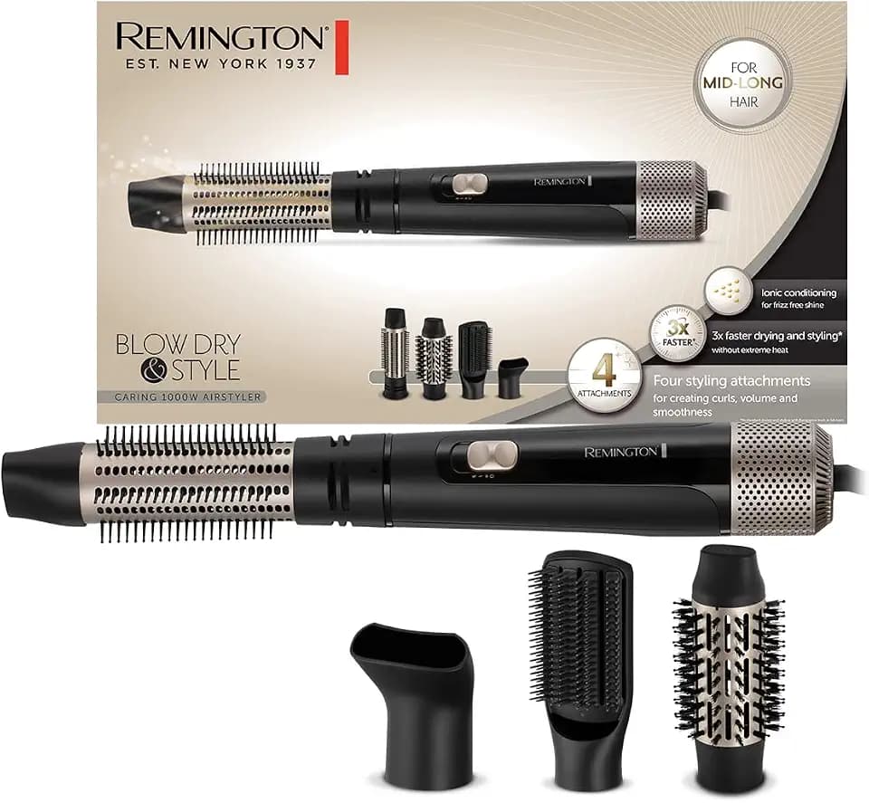Remington Warmluftbürste [inkl. 4 Aufsätze: 38mm&50mm Rundbürste, Stylingdüse, Flachbürste] Blow Dry&Style (Locken,Volumen&glatte Styles für mittellanges Haar) Ionenpflege, Abkühlstufe, 1000W, AS7500