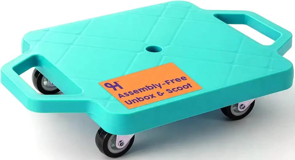 Hurtle Scooter Board for Kids with Safety Handles — Heavy Duty Gym Floor Scooter with 360° Wheels for PE, Indoor Active & Sensory Play — Supports 200lbs. Includes Cones & Tow Strap
