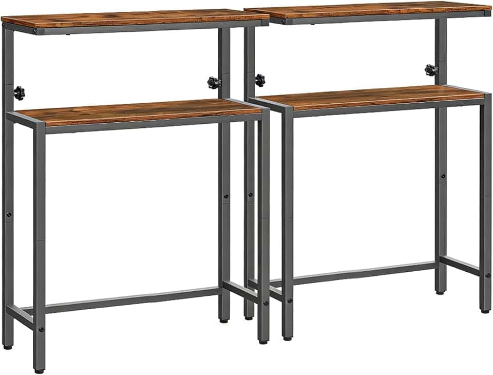 HOOBRO 2-stufige Konsolentische, 2er-Set, höhenverstellbar (80-100 cm), Flurtische, Sofatische im Industrial-Stil, Beistelltische für kleine Räume, Flur, Vintagebraun und Schwarz EBF96XGP201