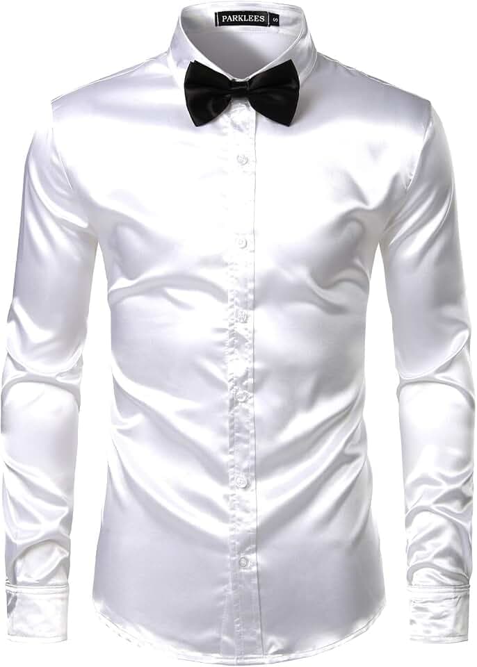 PARKLEES Herren Glänzend Slim Fit Satin Langarmhemd Frezeit Business Hemd für Party Nachtclub