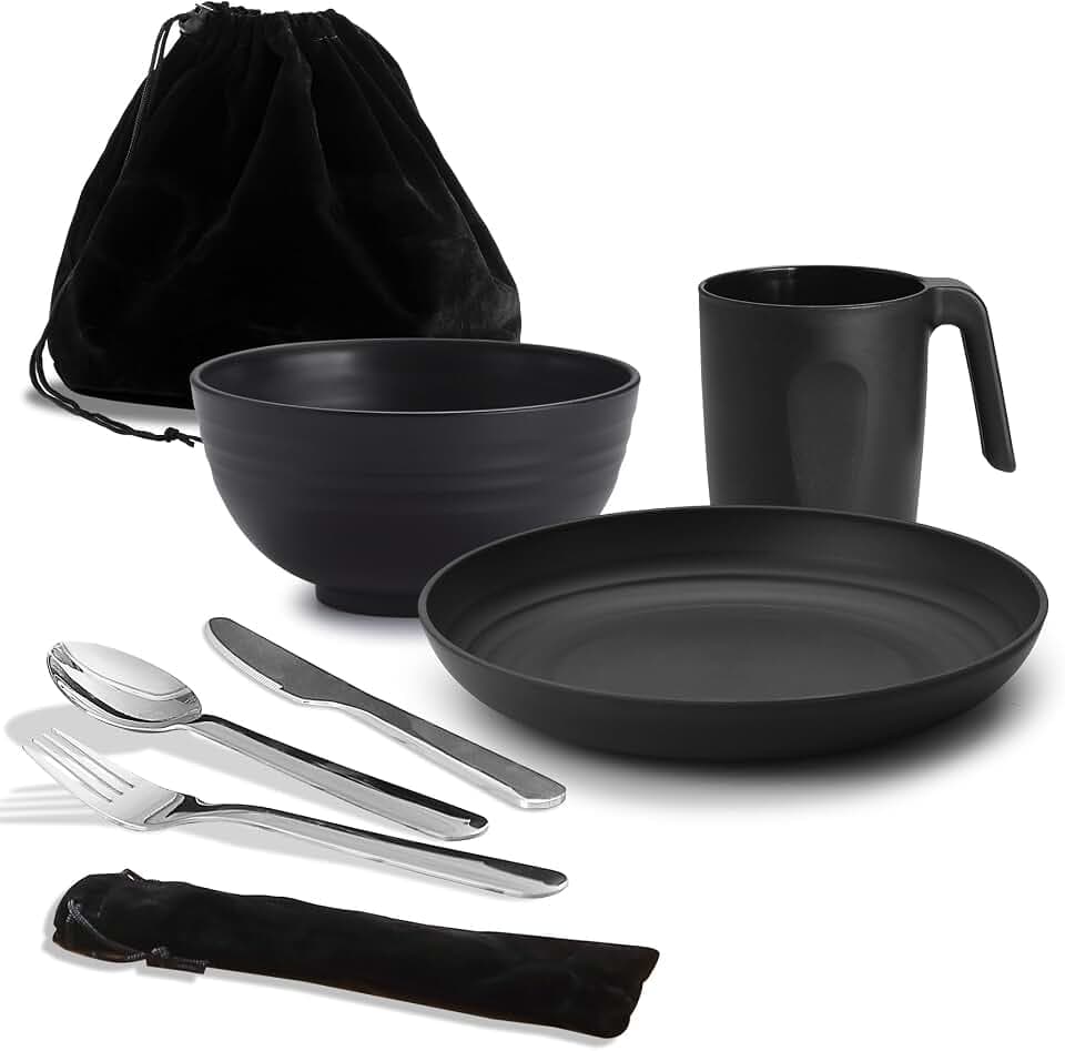 Camping Utensilien, ReaNea Camping Mess Kit für Reisen, Camping, Picknick, Outdoor, Camping Gear Include Messer, Löffel, Gabel Besteck Set, Tasse, Schüssel, Teller, Camping Essentials