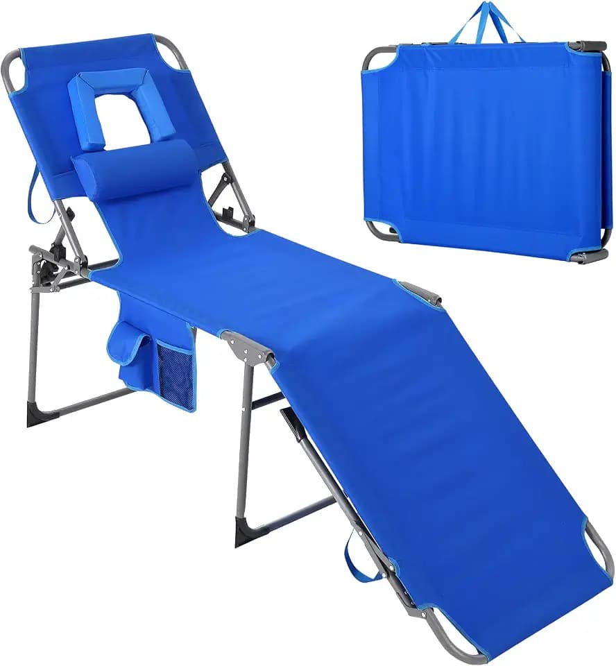 Garvee Tanning Chair with Face Hole Folding Beach Lounge Chair,5-Position Adjustable Backrest, Pillow & Side Pocket,Portable Face Down Chaise Lounge for Outdoor Backyard Poolside,Beach, Patio,Blue