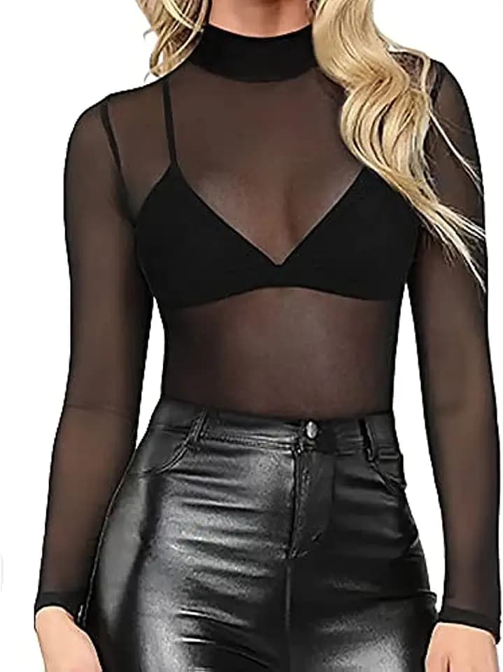 Womens Sheer Mesh Tops Shirts, Long Sleeve Mock Neck See-Through Slim Ladies Blouse T-Shirt Clubwear