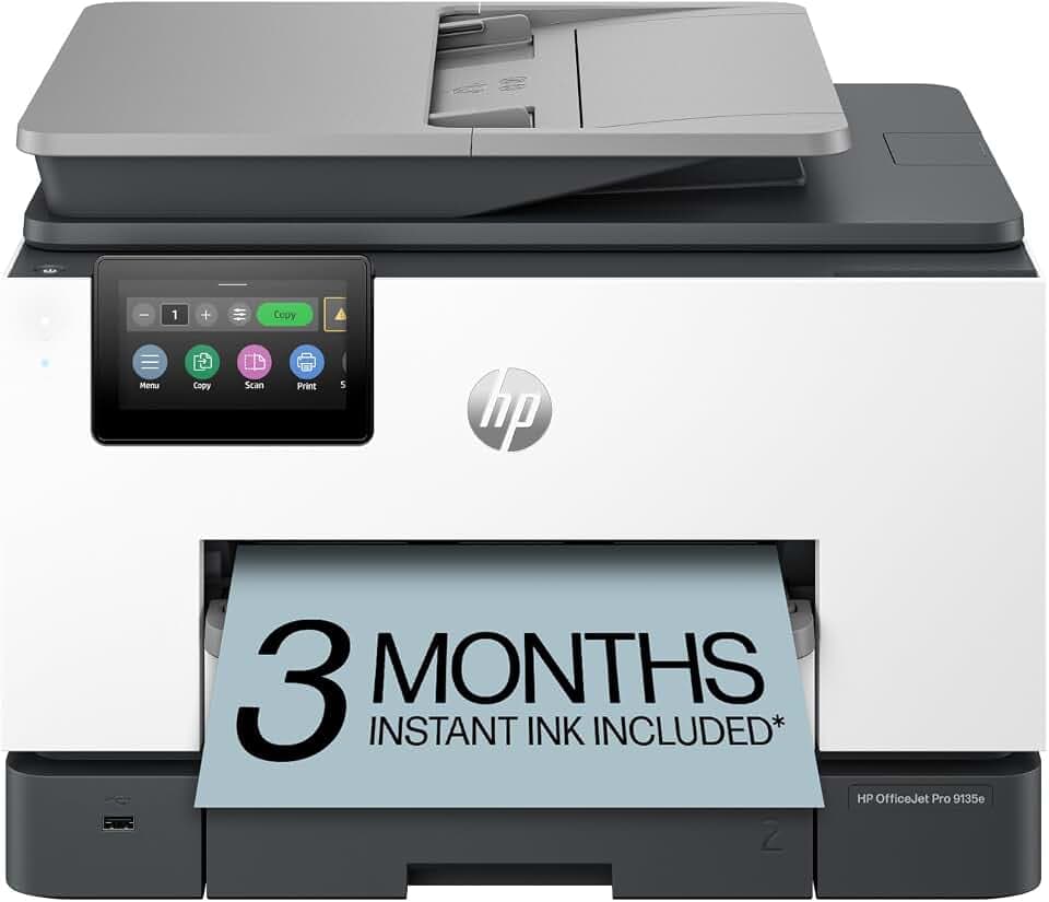 HP OfficeJet Pro 9135e Wireless All-in-One Color Inkjet Printer, Print, scan, Copy, fax, ADF, Duplex Printing Best-for-Office, 3 Month Instant Ink Trial Included, AI-Enabled (404M0A)