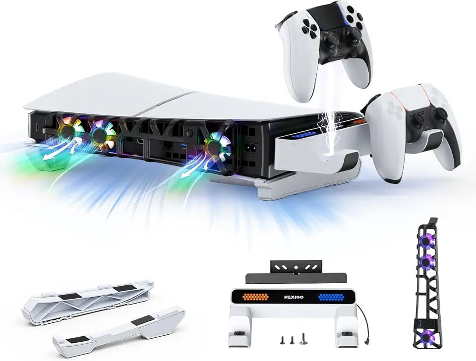 NexiGo Slim Horizontal Stand for PS5 with Charging Station for Dual_Sense&Dual_Sense Edge Controllers,Silent Cooling Fan w/Intelligent Temperature Control, LED Indicators, White
