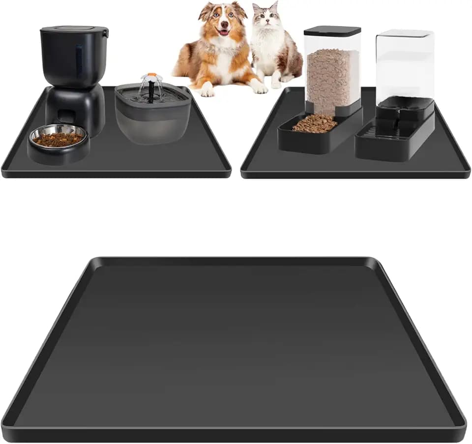 Silicone Square Mat 16x16 for Water Bowl, Waterproof Pet Bowls Mat, Black