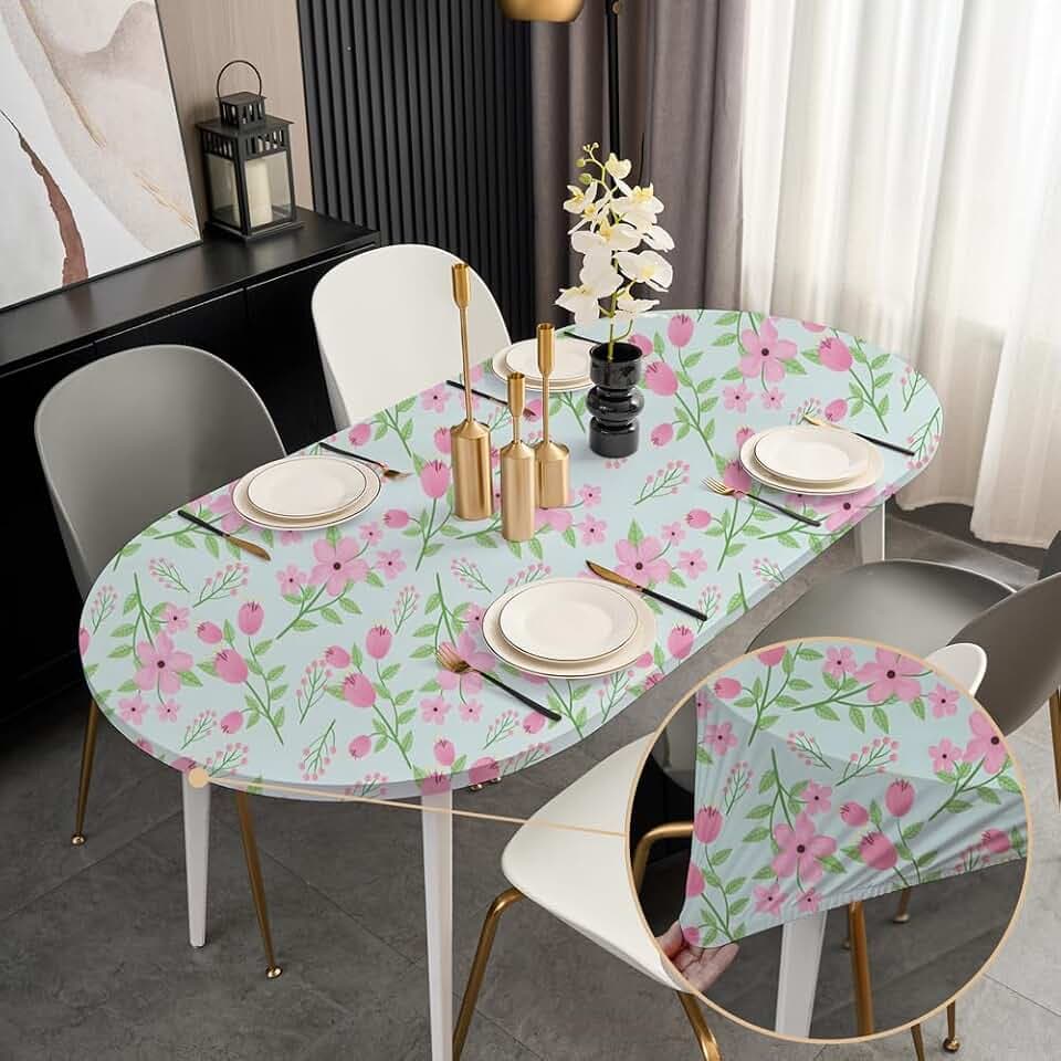 Spring Fitted Oval Table Cover 48x72 Inch - Light Green Stretchy Spandex Stretchy Non Slip Table Cloths with Elastic Pink Floral Print Tablecloth Wrinkle Resistant
