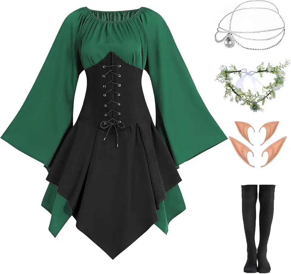 FOVER Mittelalter Gothic Kleidung Damen Traditionelles irisches Kleid Renaissance Grünes Kleider Karneval Halloween Kostüm Piraten Cosplay Outfit mit Kopf Kette Blumenkranz Elfenohren Overknee Socken