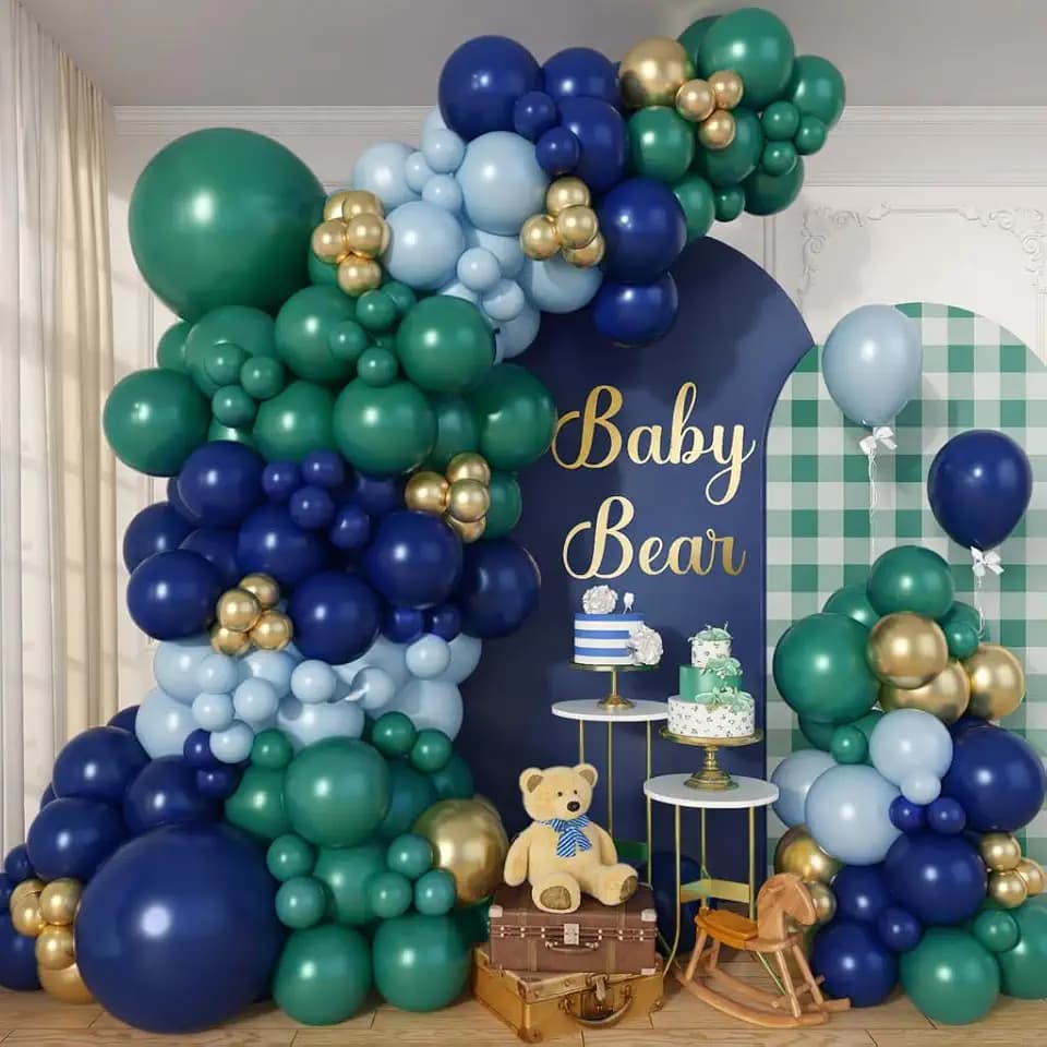 Green and Navy Blue Balloon Arch Kit for Luxury Bear Baby Shower