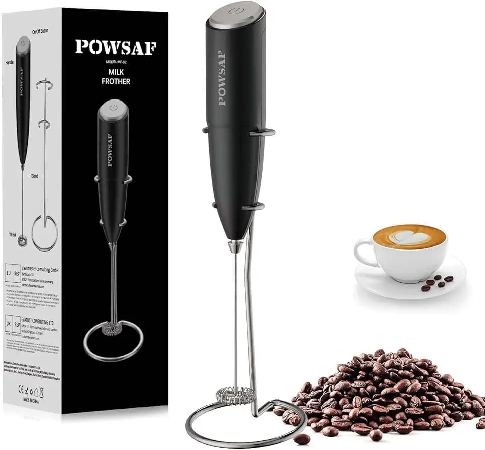 POWSAF Milchaufschäumer,Milchschäumer elektrisch mit Ständer, milchaufschäumer stab,13000 U/min, Milchschäumer für Kaffee, Latte, Cappuccino, Schwarz/Silbrig