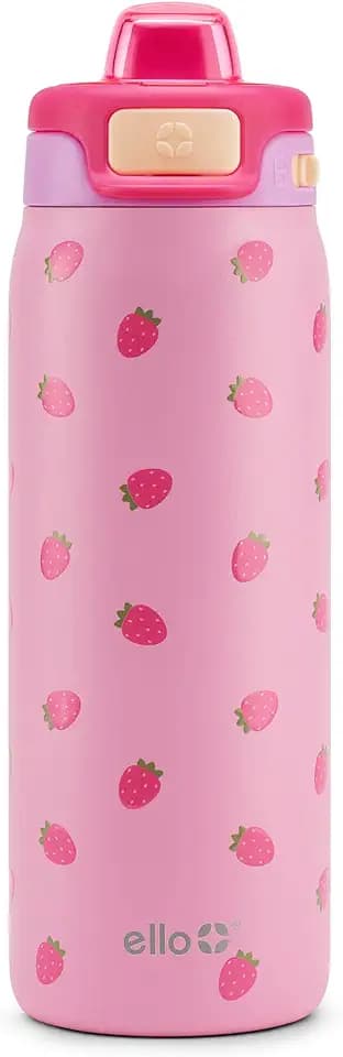 Ello Kids Pop & Fill 18oz Stainless Water Bottle, Sip or Chug, Strawberries