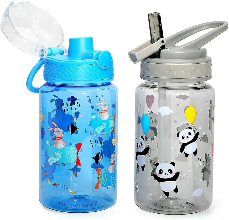 16oz Kids Water Drinking Bottle - Tritan BPA Free, Auto Flip Chug Lid, Sip Straw Lid, Carry Loop, Lightweight, Leak-Proof, Cute Design For Girls & Boys - 2 Pack Panda & Airplane