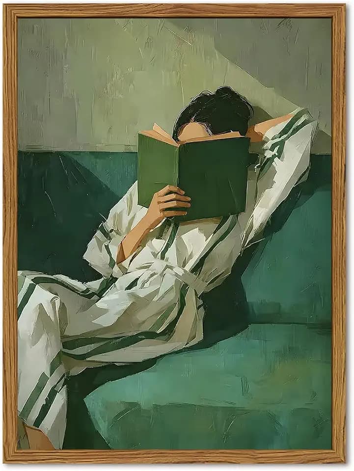Framed Woman Reading Book Wall Art, Minimalist Emerald Green Cozy Reading Nook Pictures Wall Decor, Trendy Girly Paintings Canvas Prints Moody Home Decor for Living Room Bedroom Dorm 16x24 Inch