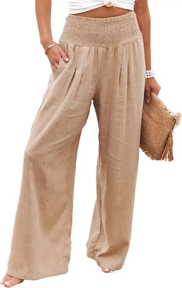 Womens Cotton Linen Pants Wide Leg High Waist Long Palazzo Trousers with Pocket