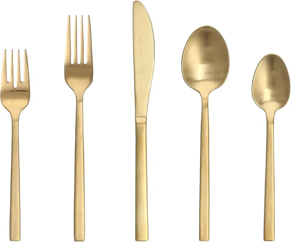 FORTESSA Arezzo 18/10 Stainless Steel Flatware, 20 Piece Place Setting With Table Knives, Forks and Spoons (Service For 4), Dishwasher Safe, Brushed Gold