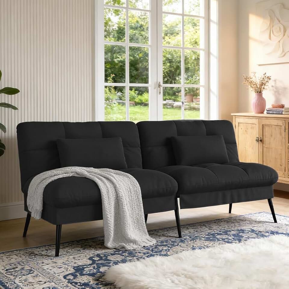 COMHOMA 72″ Futon Sofa Bed, Sleeper Sofa with Adjustable Backrest, Black
