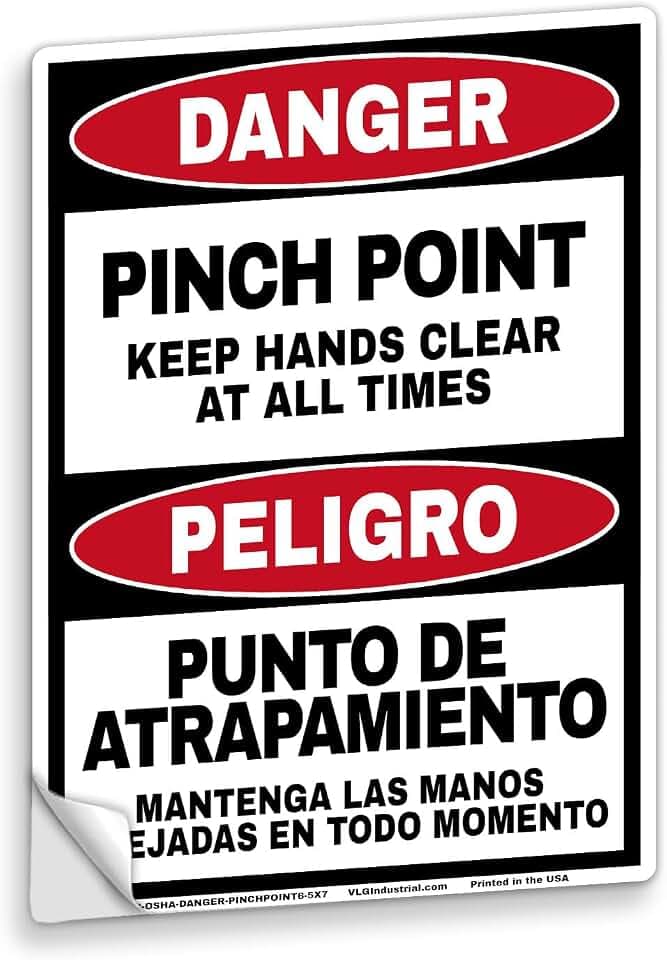 Bilingual OSHA Danger Pinch Point Safety Labels (5-Pack, 5" x 7") – English & Spanish – Premium Waterproof Vinyl Decals – Permanent Industrial Adhesive – Keep Hands Clear at All Times Warning Stickers – Printed in the USA