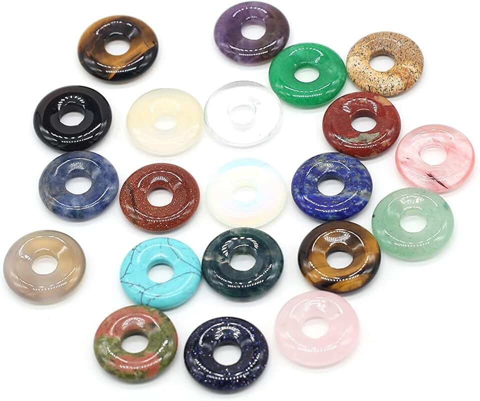 LHJ Natural Stone Bead Pendants Central Hole Ring Shape Mixed Stone Charms Ping Buckle Agate Crystal Stone for Jewelry Making Necklace Key Pendant