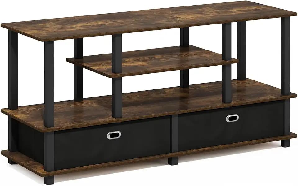 Furinno Jaya TV Stand, 4-Tier Toolless Assembly Entertainment Center with Open Shelf, TV Console for TV up to 55 Inch with 2 Storage Bins, for Living Room, Bedroom, Amber Pine
