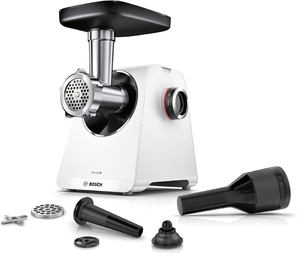 Bosch MultiPower Serie 6 Fleischwolf MFWS607W, 2 Lochscheiben (4,5 und 8 mm), Edelstahl, spülmaschinenfest, Kebbe- und Wurst-Aufsatz, Motorblockleistung 2.100 W, Weiß