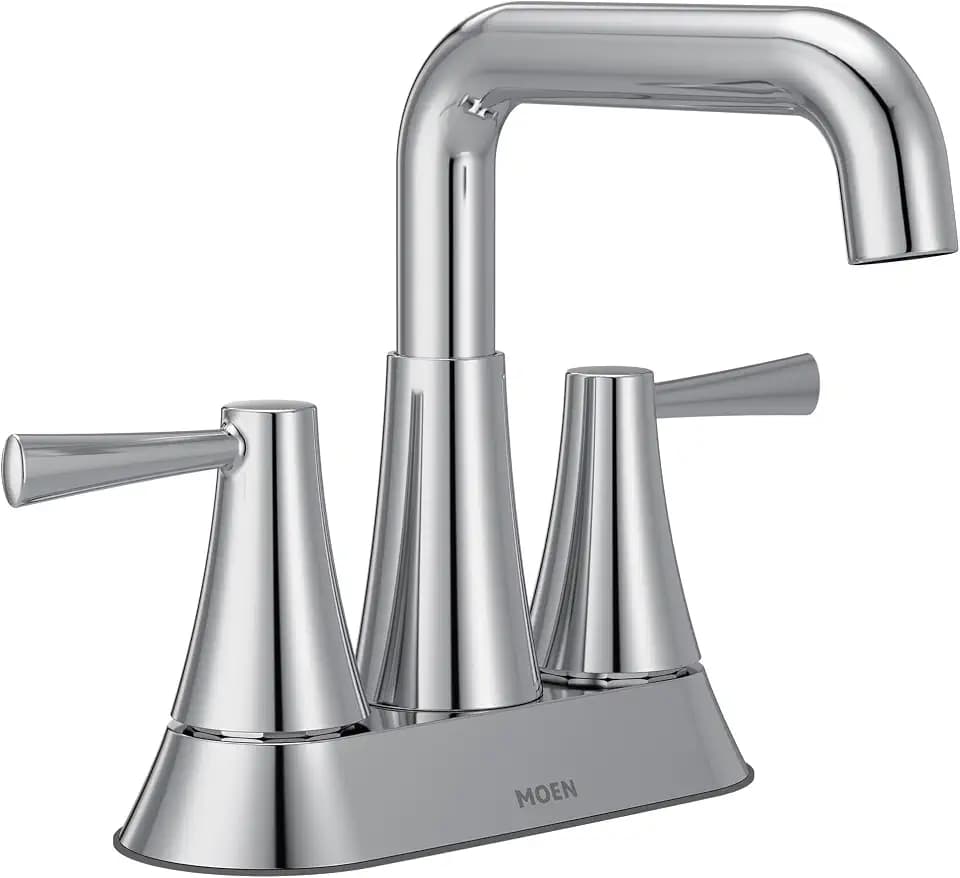 Moen Ronan Chrome Two-Handle 4 in. Centerset Modern Double Bend Bathroom Faucet with Push-Down Drain, 84025