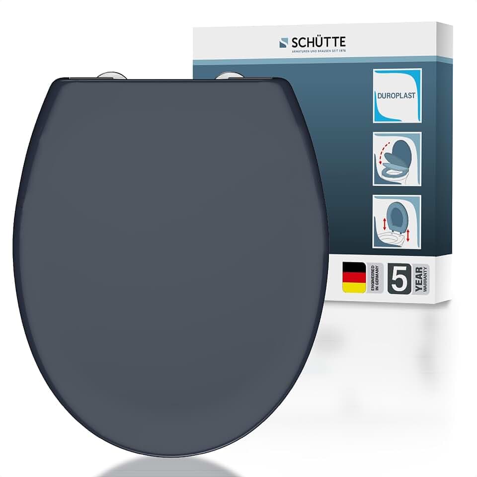 SCHÜTTE Oval WC-Sitz mit Absenkautomatik, Abnehmbarer Klodeckel aus bruchsicherem Duroplast, DIY Montage mit Klebepads und Schablone, Toilettendeckel und Brille bis 200 kg belastbar, Anthrazit