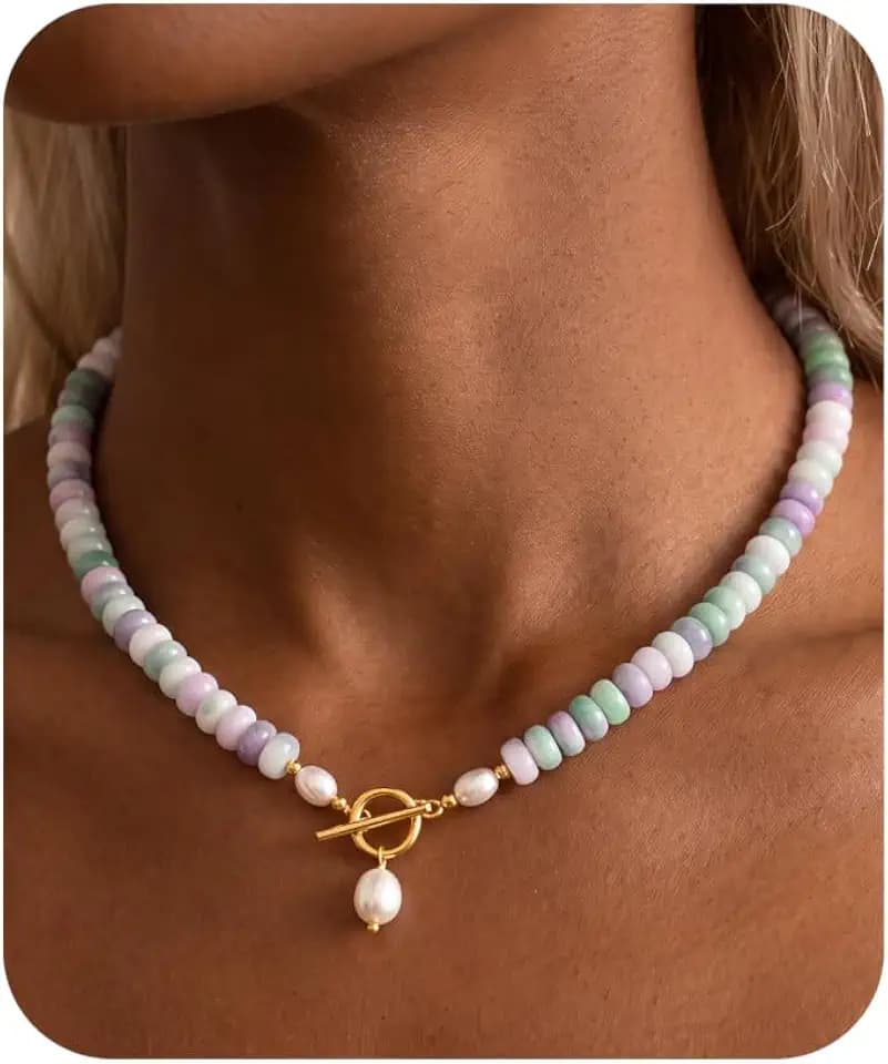 Beaded Necklace for Women Turquoise Bead Pearl Colorful Gemstone Jewelry