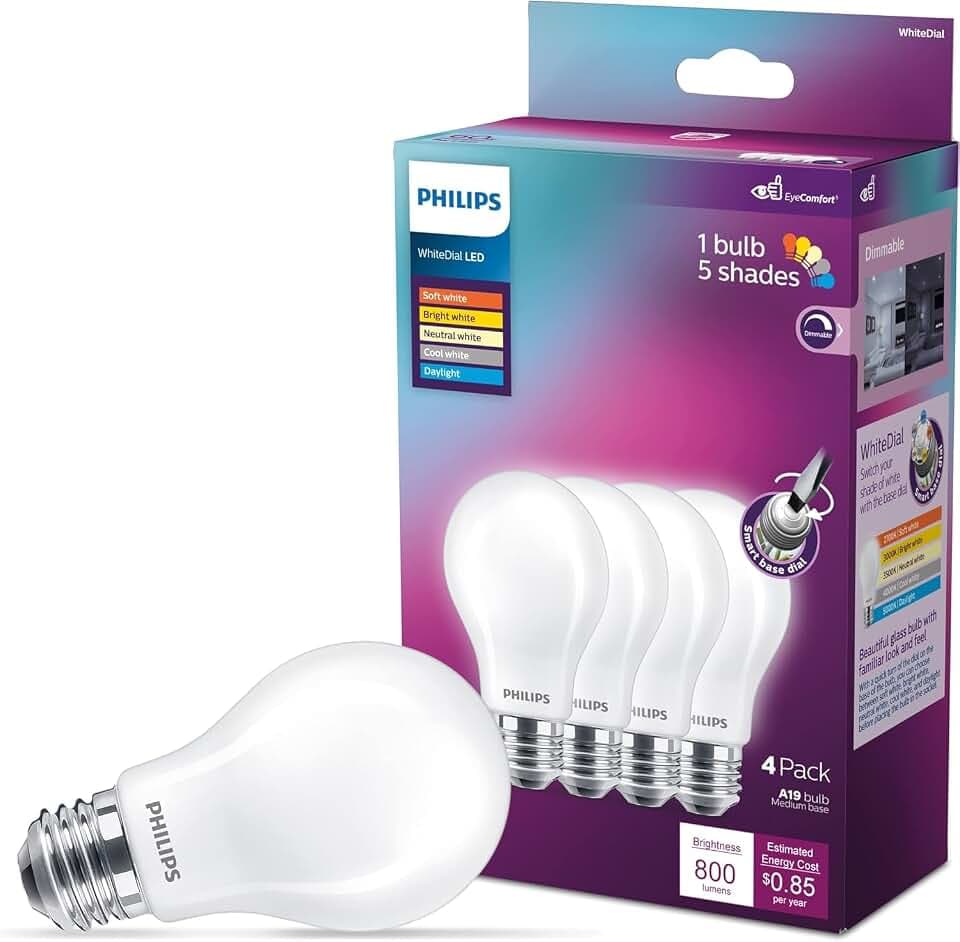 PHILIPS LED 40W A19 4-Pack WhiteDial Multi-CCT (5000K) 450 Lumen (5W = 40W) Dimmable Frosted Flicker-Free Light Bulbs
