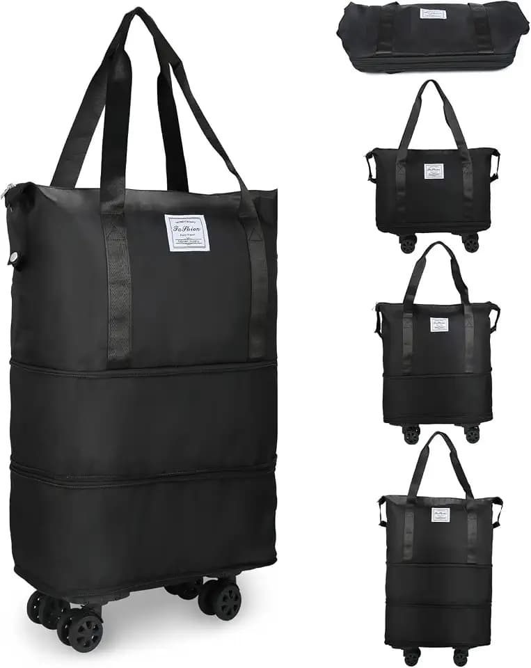 Rolling Duffle Bag with Wheels, Expandable Foldable Duffle Bag for Travel, Rolling Under Seat Luggage Carry on Duffel Bags, Wheeled Travel Duffel Weekend Bags, Capacity 18L to 30L (Black)