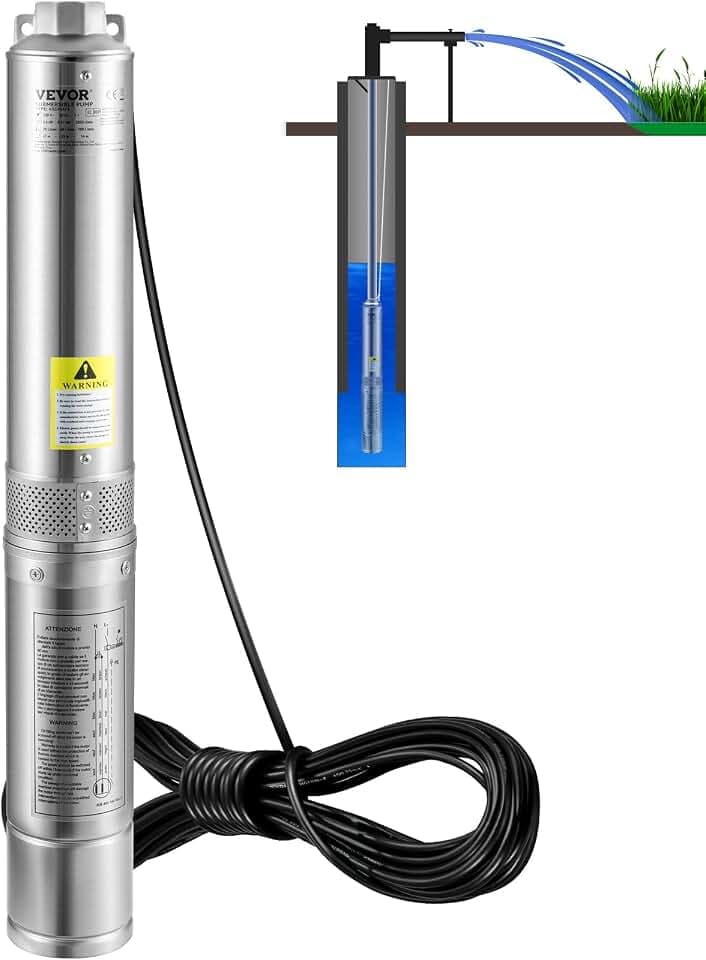 VEVOR Deep Well Submersible Pump, 0.5HP/370W 230V/60Hz, 28GPM 167 ft Head, with 33 ft Electric Cord, 4 inch Stainless Steel Water Pumps for Industrial, Irrigation and Home Use, IP68 Waterproof Grade