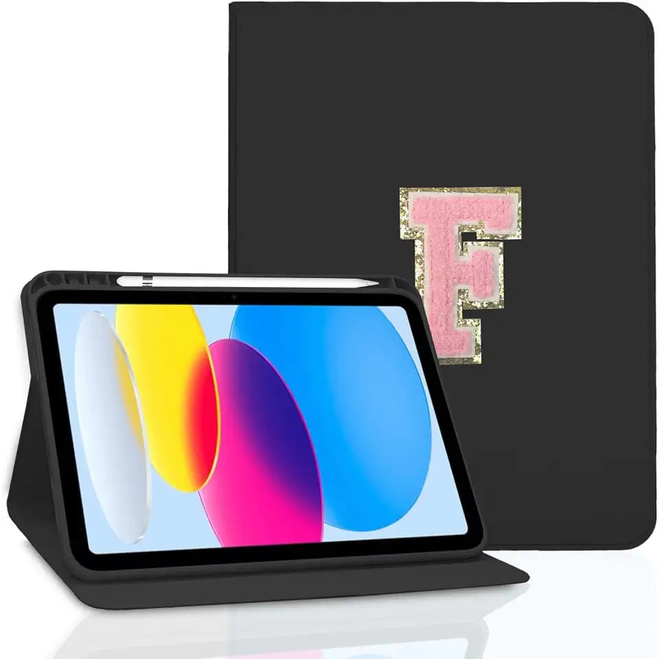 Case for iPad 11th (A16) 11-inch 2025 / iPad 10th Generation 10.9-inch 2022, Initial Chenille Letter Suture, Cute Case with Auto Sleep/Wake, Support Touch ID, Pencil Holder (Black, F)