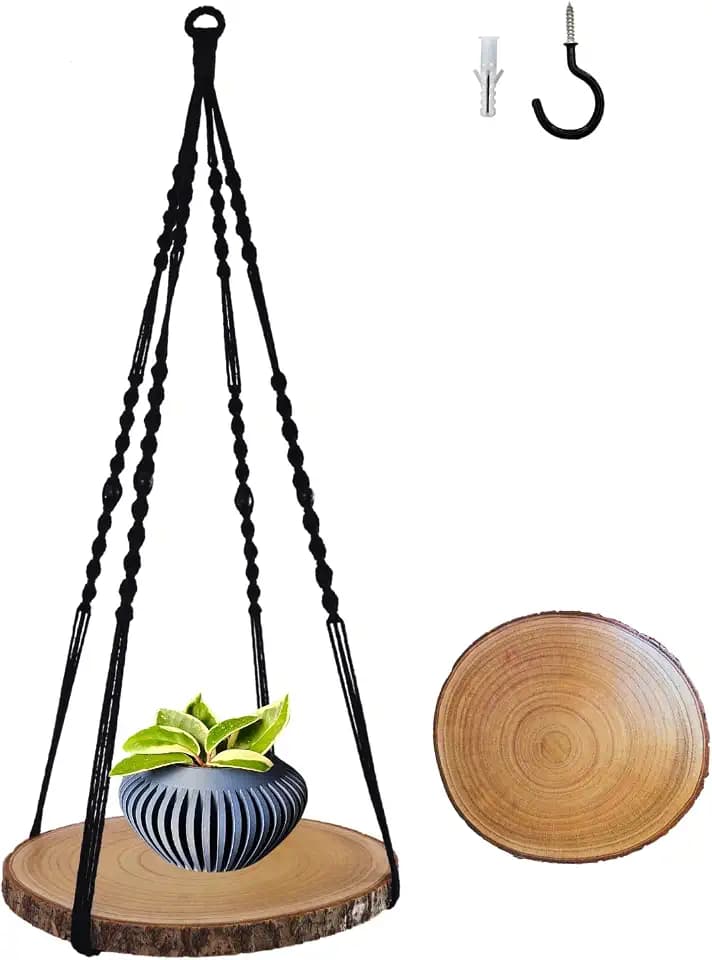 Hanging Plant Shelf - Hanging Planters for Indoor Plants - Hanging Plant Holder with Floating Raw Wood Shelf - Window Plant Hanger - Minimalist Home Decor, Black