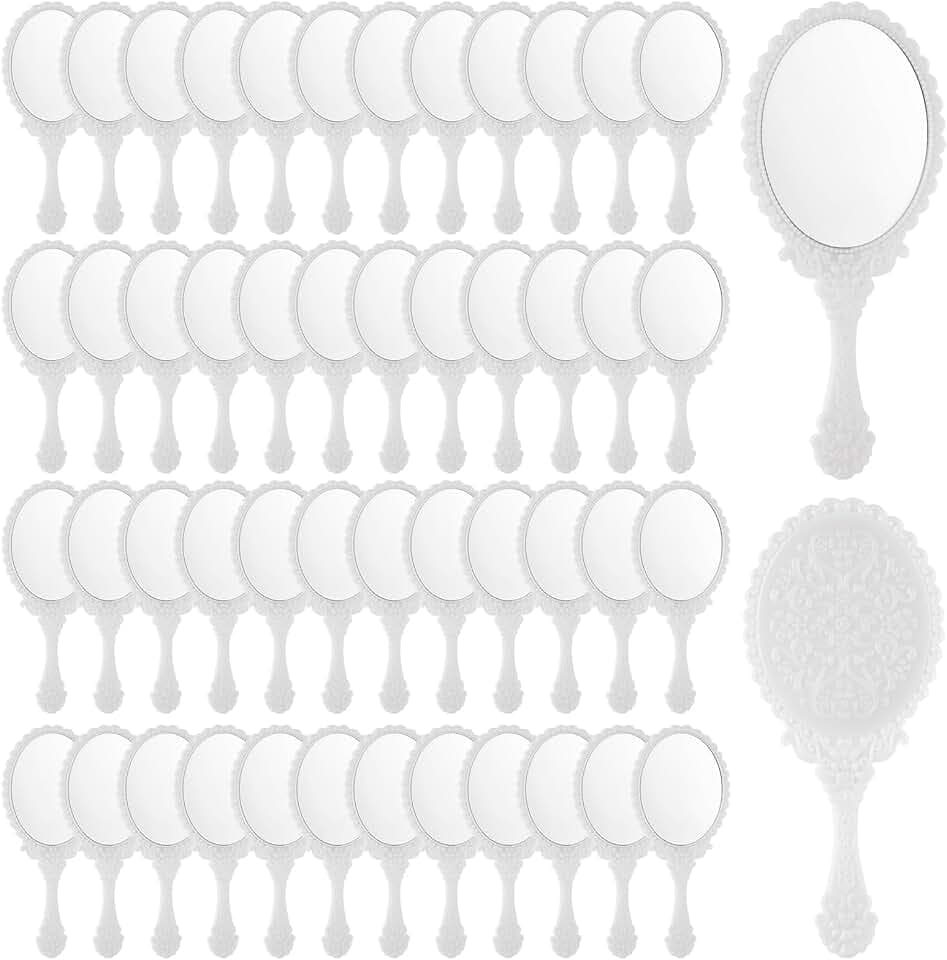 48 PCS Vintage Handheld Mirror with Handle White Hand Held Mirrors with Handle Plastic Small Handheld Mirror Portable Cute and Princess Hand Held Mirrors Compact Travel Mirror for Makeup