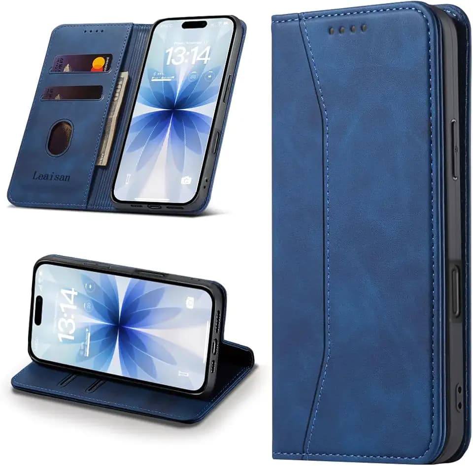 Leaisan Handyhülle für iPhone 17 Hülle Premium Leder Flip Klappbare Stoßfeste Magnetische [Standfunktion] [Kartenfächern] Schutzhülle für iPhone 17 Tasche - Blau