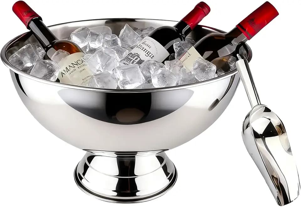 Large Ice Bucket 13L Stainless Steel Champagne Bowl Ice Bucket with Ice Scoop Semicircle Drink Tub with Integrated Base Silver Beverage Tub for Parties, Cocktail Bar, Chilling Wine (1 Pack-Silver)