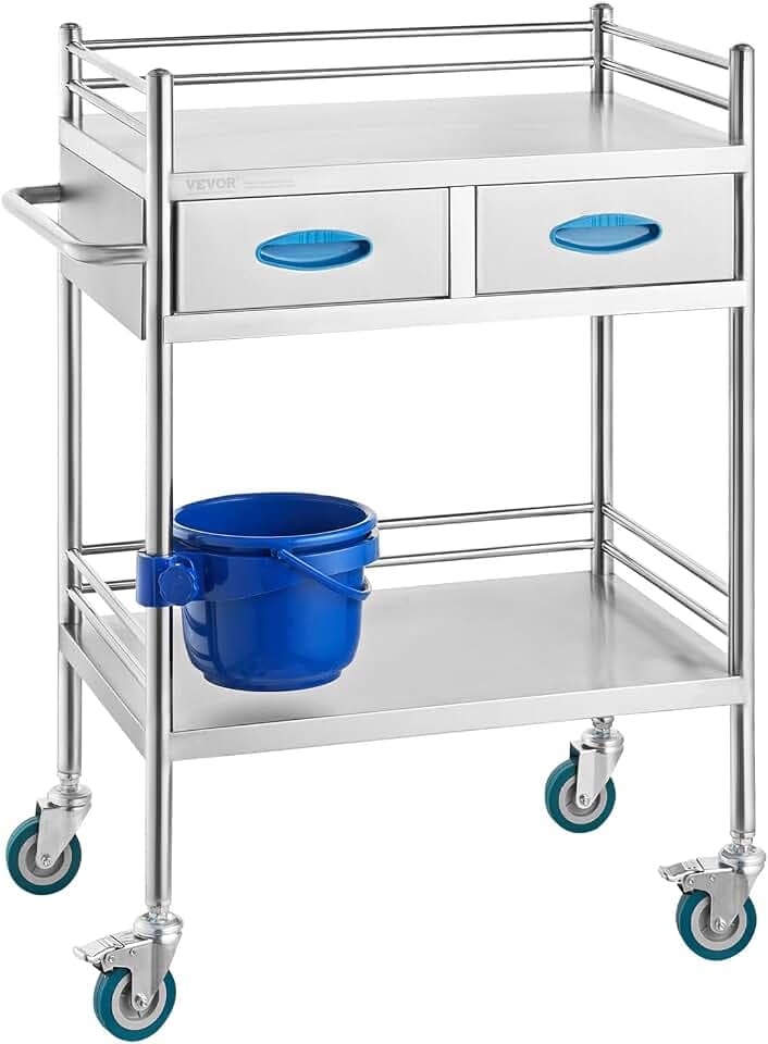 VEVOR 2 Böden mit 2 Schubladen Servierwagen Edelstahl Serving Lab Trolley Laborwagen Tragbar Abräumwagen Medical Dental Lab Cart Transportwagen Rollwagen Medizinisch, Universalräder, 2 Fußbremsen