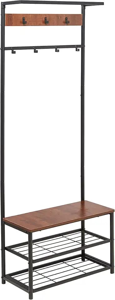 Amazon Basics 7-Haken-Garderobe mit Schuhbank und 3-Ebenen-Aufbewahrung, Schwarz, 70.1 x 33 x 180.3 cm