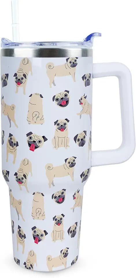 40 oz Cute Pug Tumbler with Handle and Straw, Stainless Steel Insulated Cup with Lid and Straw, Travel Mug Water Bottle, Gifts for Women