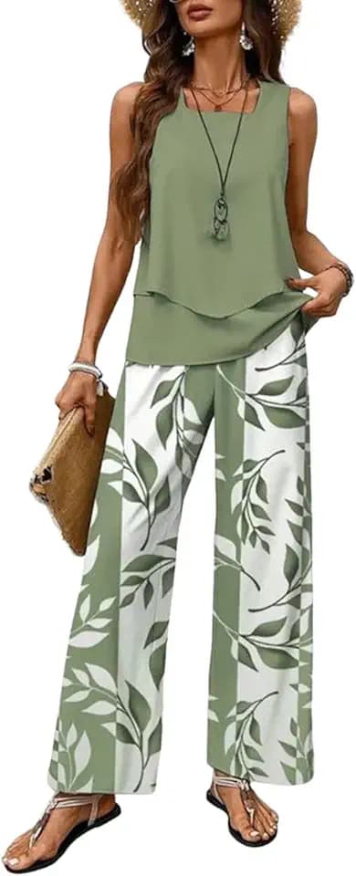 Women Sleeveless Vest Top Outfits Wide Leg Pants Set for Sumemr