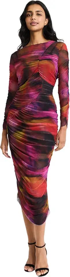 Donna Morgan Women's Crew Neck Midi with Curved Gathering Detail