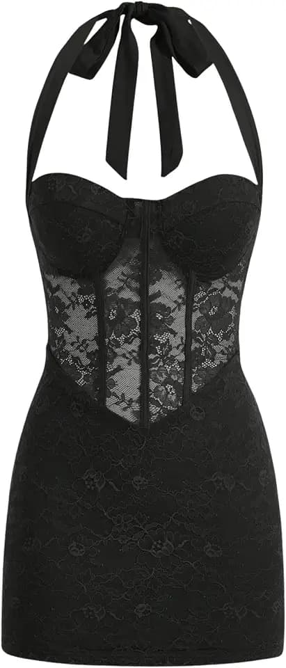 Floerns Women's Y2K Lace Halter Dress Corset Party Bodycon Mini Dresses