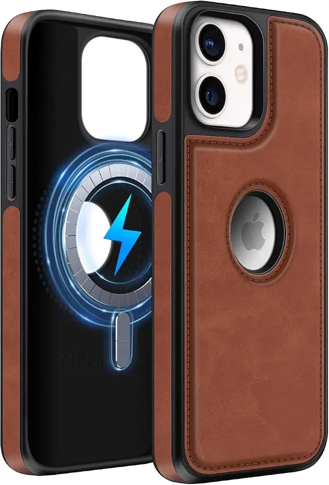 MOBESV Lederhülle mit Logo-Ansicht für iPhone 12 Mini 5,4 Zoll, Magnetisch Handyhülle kompatibel mit MagSafe, Dünn Klassische Elegant Hülle, Braun