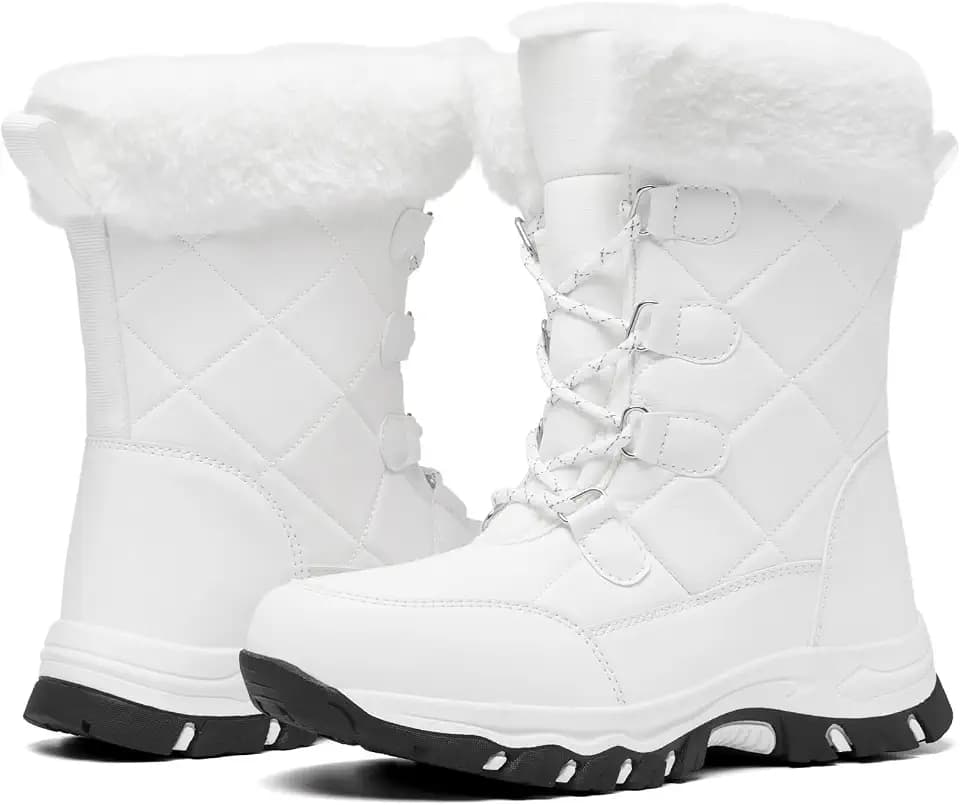 Women's Snow Boots Winter Water-Resistant Faux Fur Lined Warm Outdoor Lace Up Mid-Calf Booties Deep Tread Rubber Sole