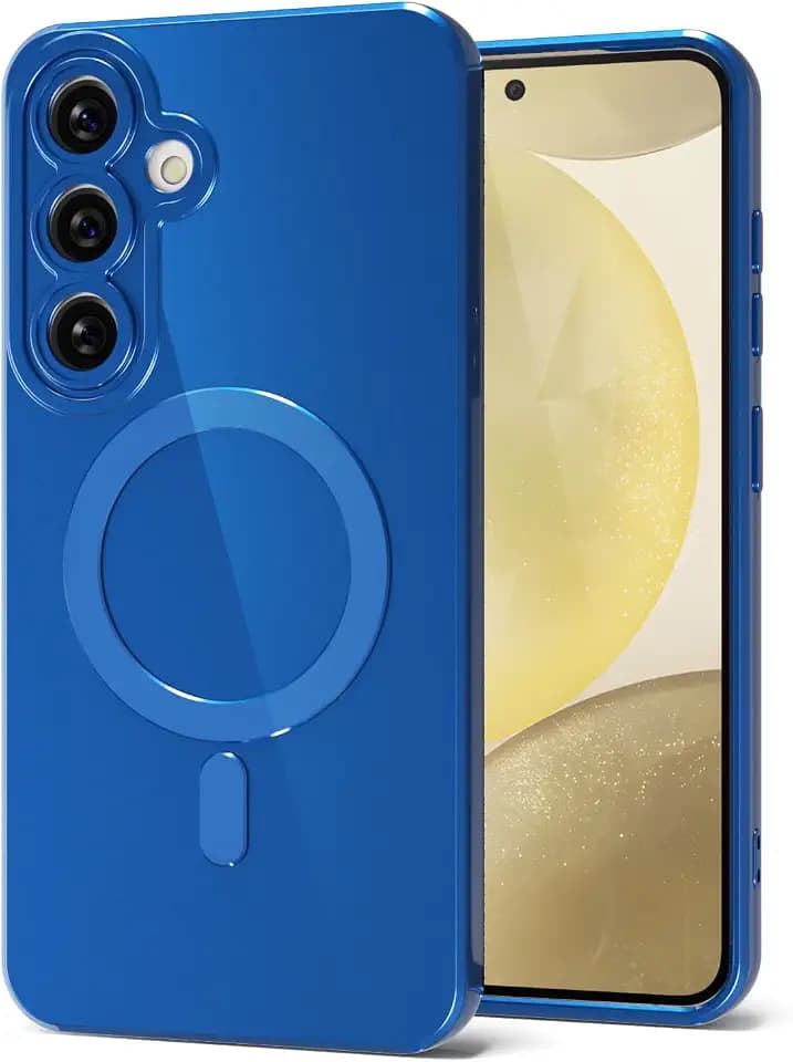 Svanove for Samsung Galaxy S24/ S25 Phone Case Silicone Magnetic, Compatible with Magsafe Case Cute for Women, Girly Bright Glossy Jelly Thin Slim Hard Mag Safe Rubber & Camera Cover, Metallic Blue