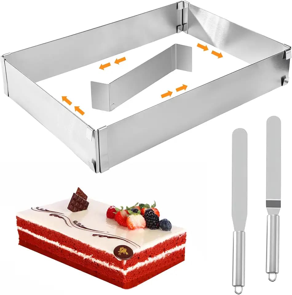 Backrahmen Rechteckig Verstellbar Edelstahl Tortenring Eckig Tortenform Kuchenrahmen Tortenrahmen Pizzarahmen Backring mit Teiler Spatel für Backblech Kuchen Torten Pizza Backen