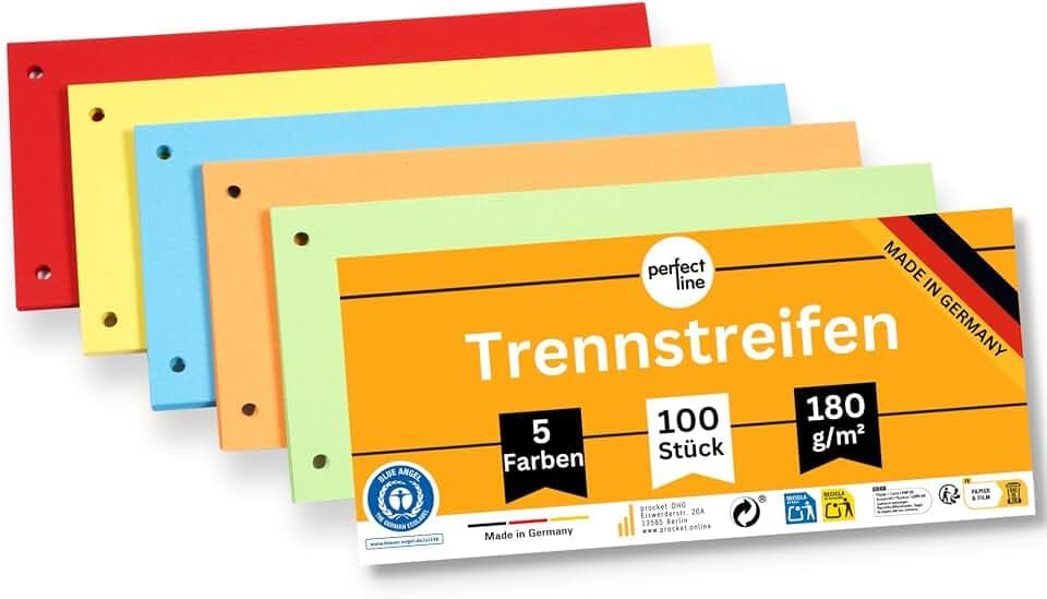 perfect line - 100 Trennstreifen für Ordner A4, Trennblätter aus Recycling-Karton, 5 Farben, gelocht, Made in Germany, Blauer Engel zertifiziert