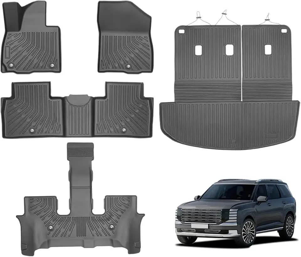 Custom Fit Floor Mats for 2026 Hyundai Palisade (7-Seater Gas Models), All-Weather TPE Floor Liners 1st 2nd 3rd Row, with Cargo Trunk Liner & Backrest Mats, Odorless Waterproof - Full Set