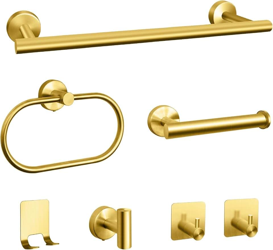 Bathroom Hardware Set, 7 Pcs Bathroom Towel Rack Stainless Steel Bath Hardware Kit Including 16" Hand Towel Bars, Toilet Paper Holders, Towel Rings, Robe Towel Hooks (Gold)